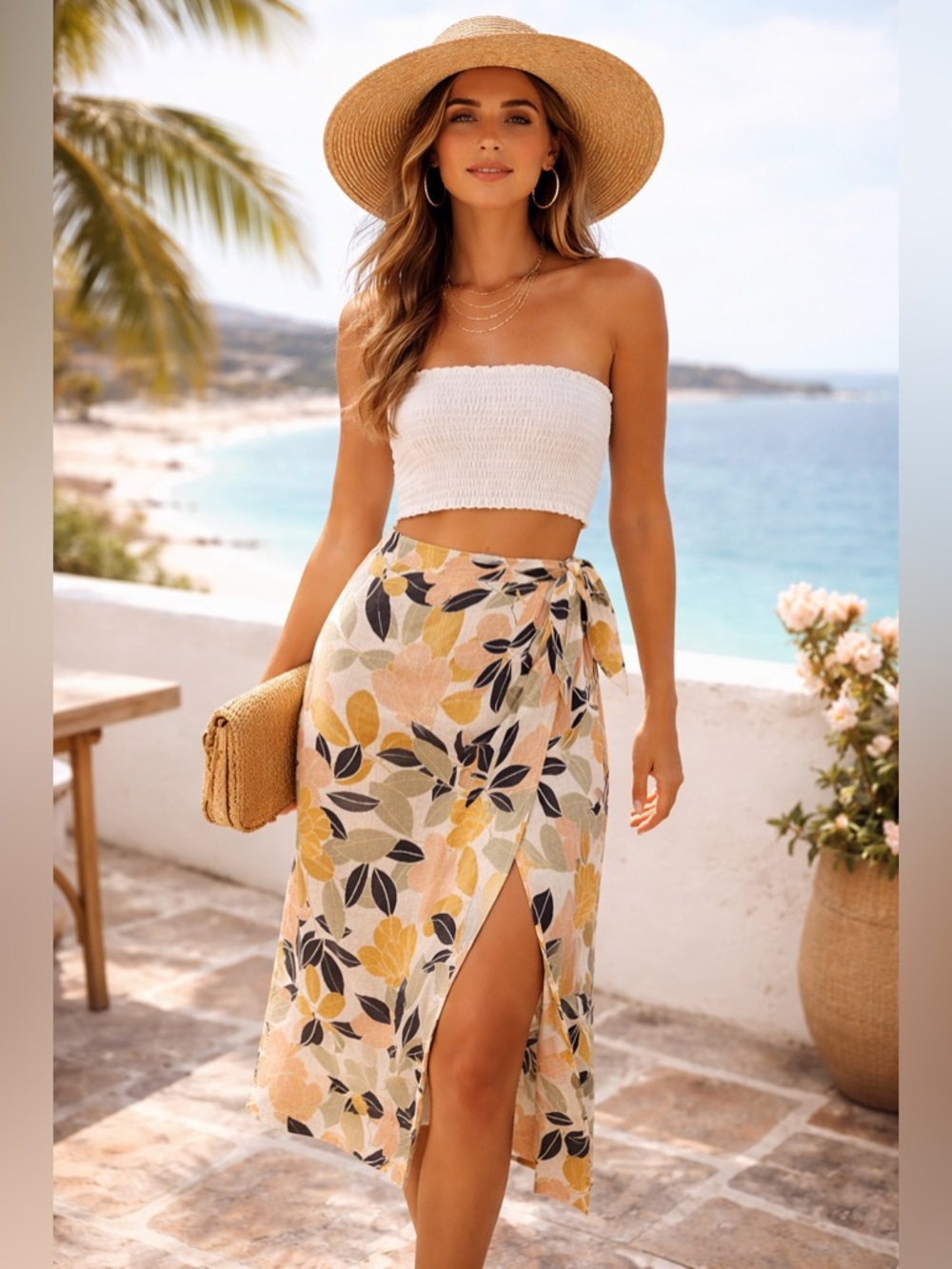 Rachel Zoe Floral Linen Faux Wrap Midi Skirt Tropical Boho Summer Vacation Small